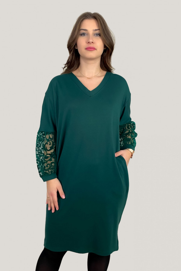 Sukienka w kolorze zielonym z kieszeniami koronkowe rękawy Aleksa 4