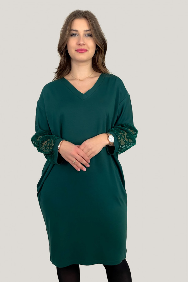 Sukienka w kolorze zielonym z kieszeniami koronkowe rękawy Aleksa 3