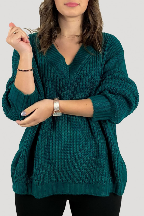 Sweter damski oversize w kolorze morskim dekolt w serek V Susan