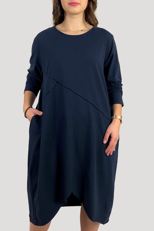 Bawełniana sukienka plus size w kolorze granatowym przeszycia kieszenie Mavis