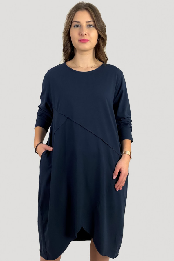 Bawełniana sukienka plus size w kolorze granatowym przeszycia kieszenie Mavis 1