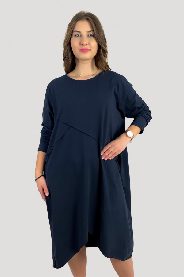 Bawełniana sukienka plus size w kolorze granatowym przeszycia kieszenie Mavis 2