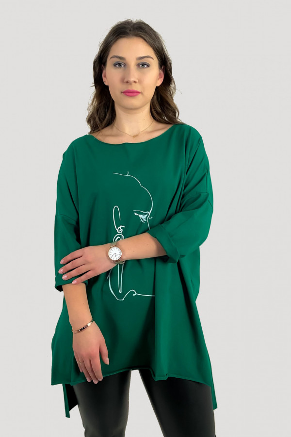 Tunika damska w kolorze butelkowej zieleni oversize dłuższy tył line art woman face 1