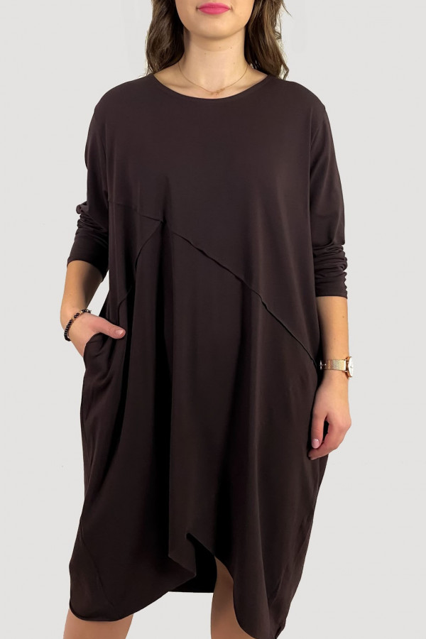 Bawełniana sukienka plus size w kolorze czekoladowym przeszycia kieszenie Mavis