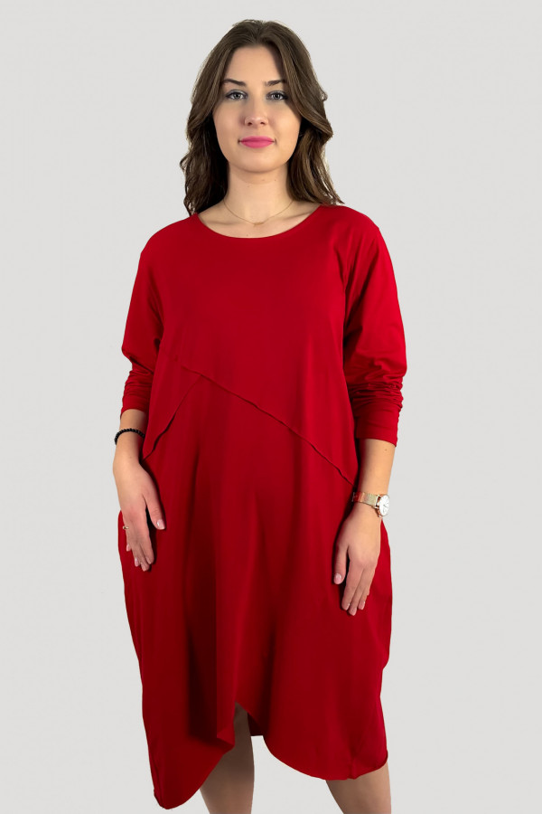 Bawełniana sukienka plus size w kolorze czerwonym przeszycia kieszenie Mavis 1