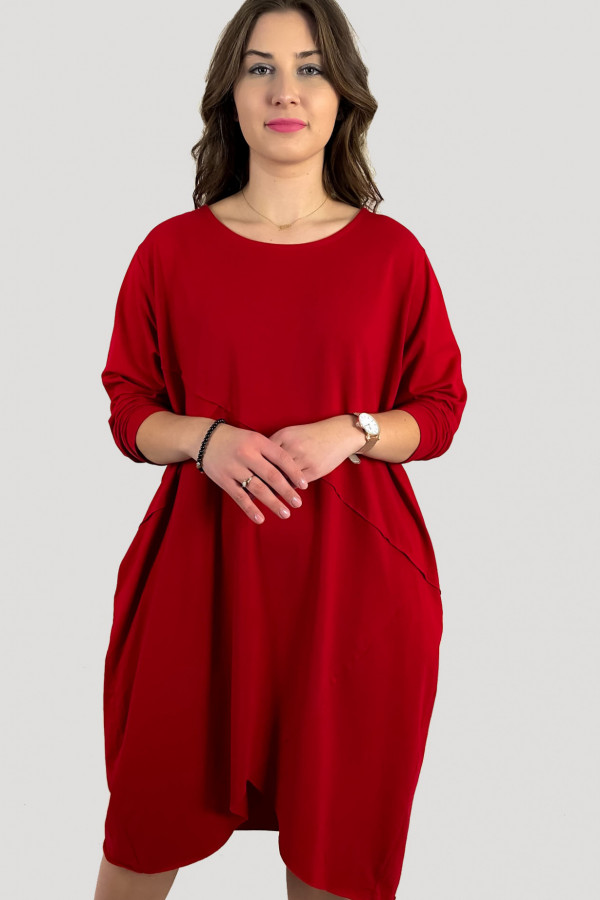 Bawełniana sukienka plus size w kolorze czerwonym przeszycia kieszenie Mavis 2