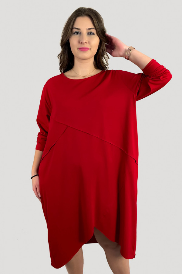 Bawełniana sukienka plus size w kolorze czerwonym przeszycia kieszenie Mavis 3