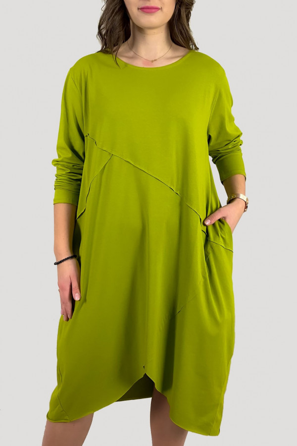 Bawełniana sukienka plus size w kolorze limonkowym przeszycia kieszenie Mavis