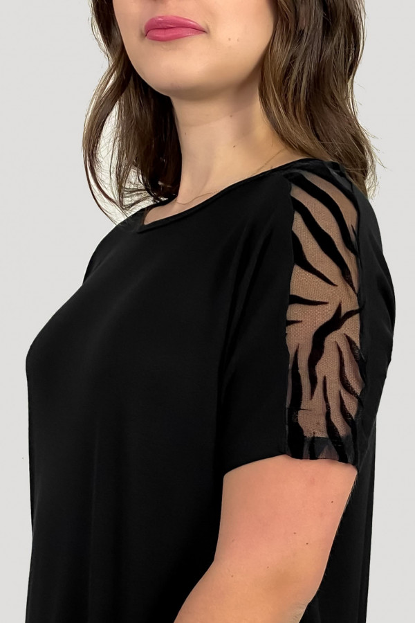 Bluzka damska plus size z wiskozy w kolorze czarnym siateczka na ramionach