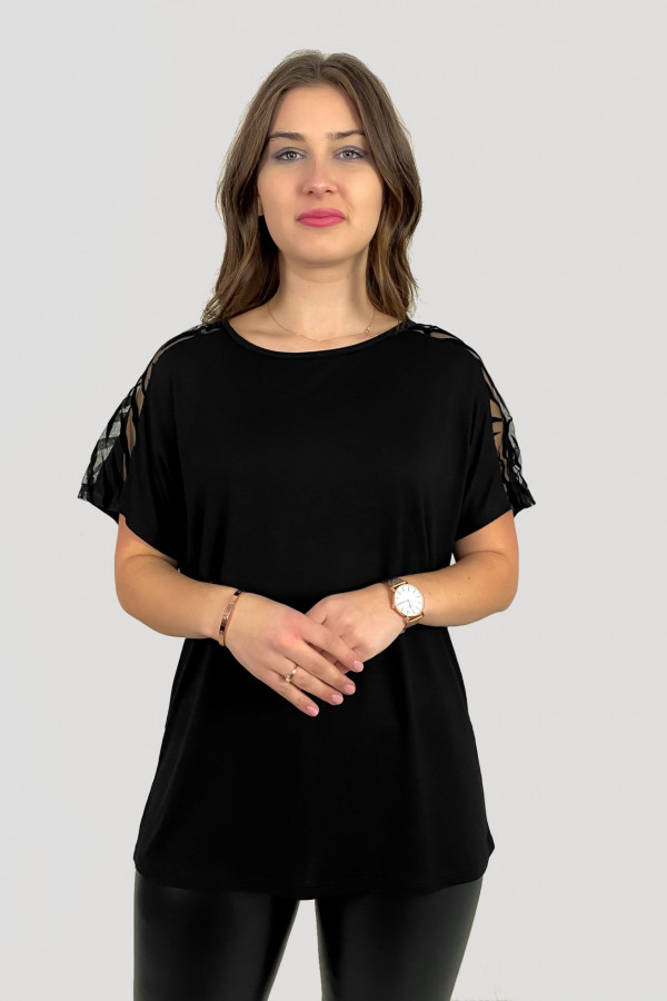 Bluzka damska plus size z wiskozy w kolorze czarnym siateczka na ramionach 1