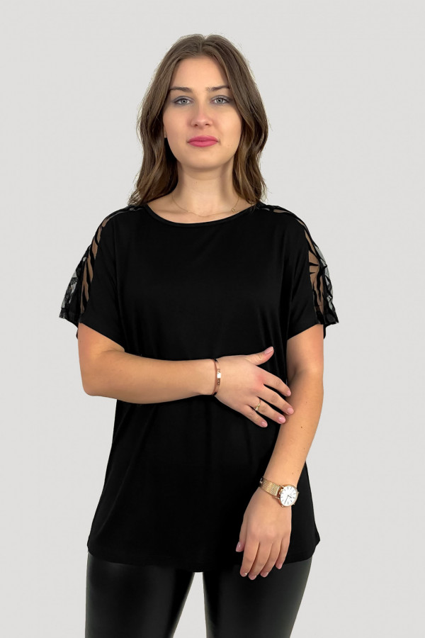 Bluzka damska plus size z wiskozy w kolorze czarnym siateczka na ramionach 3