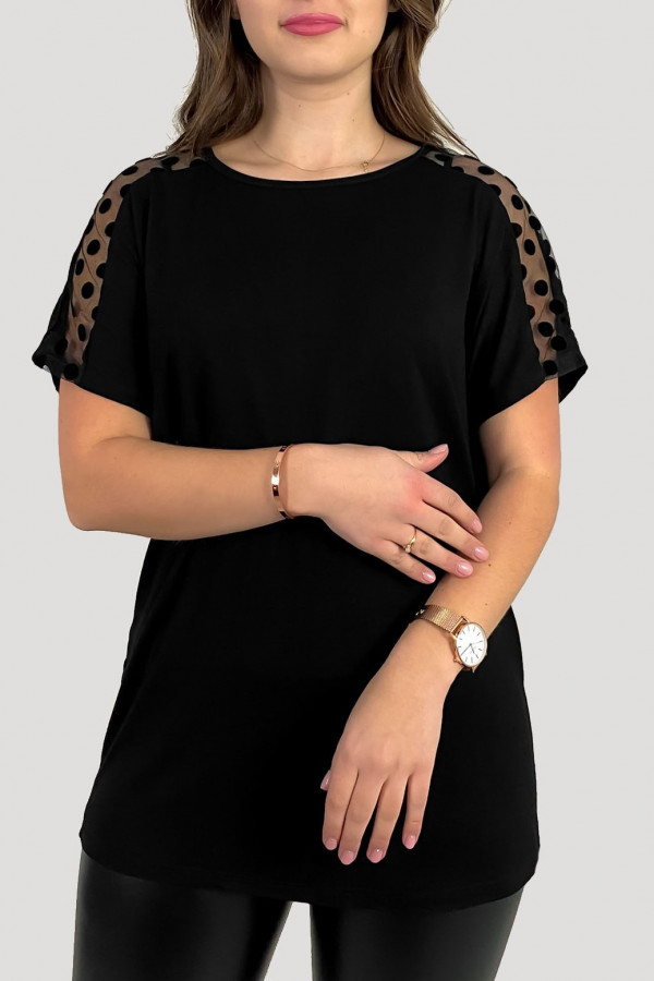 Bluzka damska plus size z wiskozy w kolorze czarnym siateczka na ramionach grochy