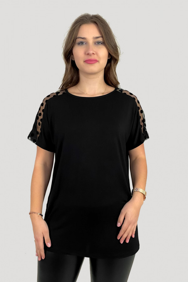 Bluzka damska plus size z wiskozy w kolorze czarnym siateczka na ramionach grochy 1