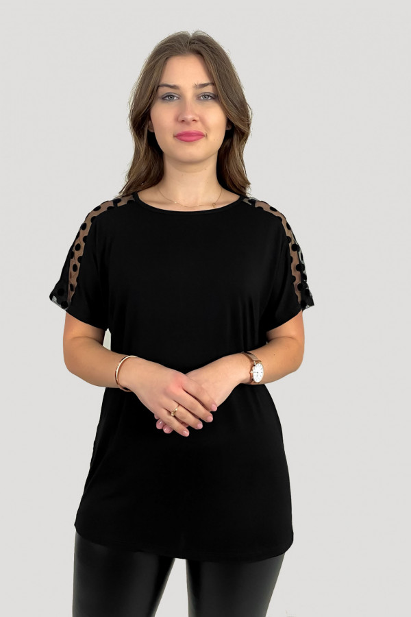 Bluzka damska plus size z wiskozy w kolorze czarnym siateczka na ramionach grochy 2