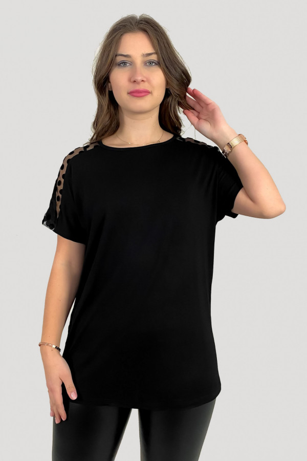 Bluzka damska plus size z wiskozy w kolorze czarnym siateczka na ramionach grochy 3