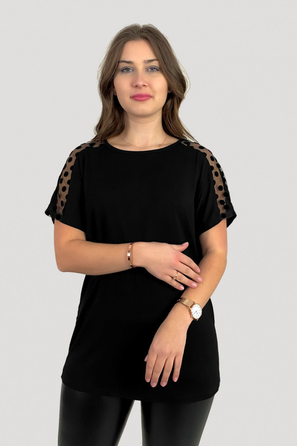 Bluzka damska plus size z wiskozy w kolorze czarnym siateczka na ramionach grochy 4