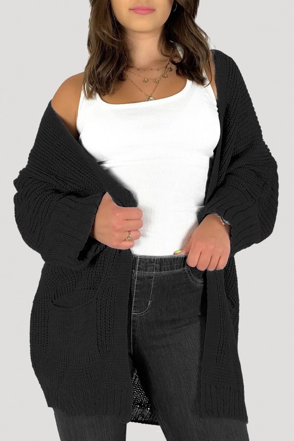 Kardigan sweter damski w kolorze czarnym z kieszeniami luźna narzutka Parma