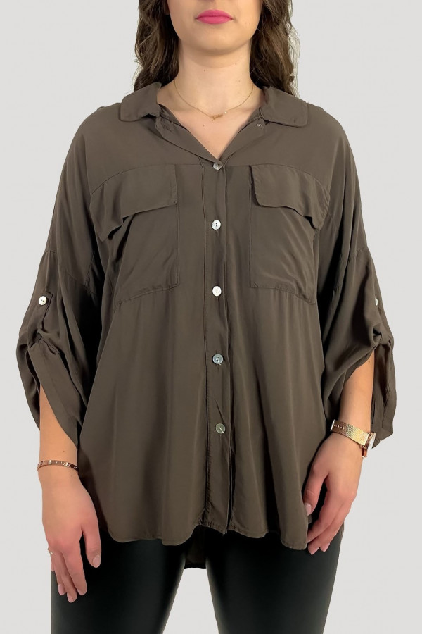 Koszula damska w kolorze brązowym dłuższy tył z podpinanym rękawem
