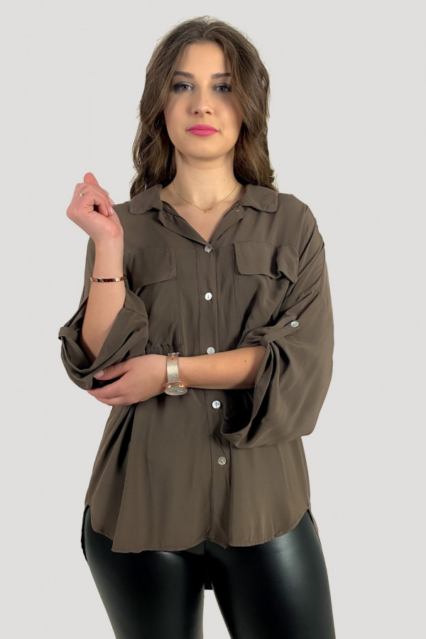 Koszula damska w kolorze brązowym dłuższy tył z podpinanym rękawem 1
