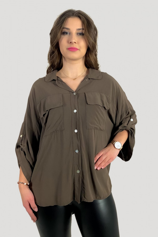 Koszula damska w kolorze brązowym dłuższy tył z podpinanym rękawem 2