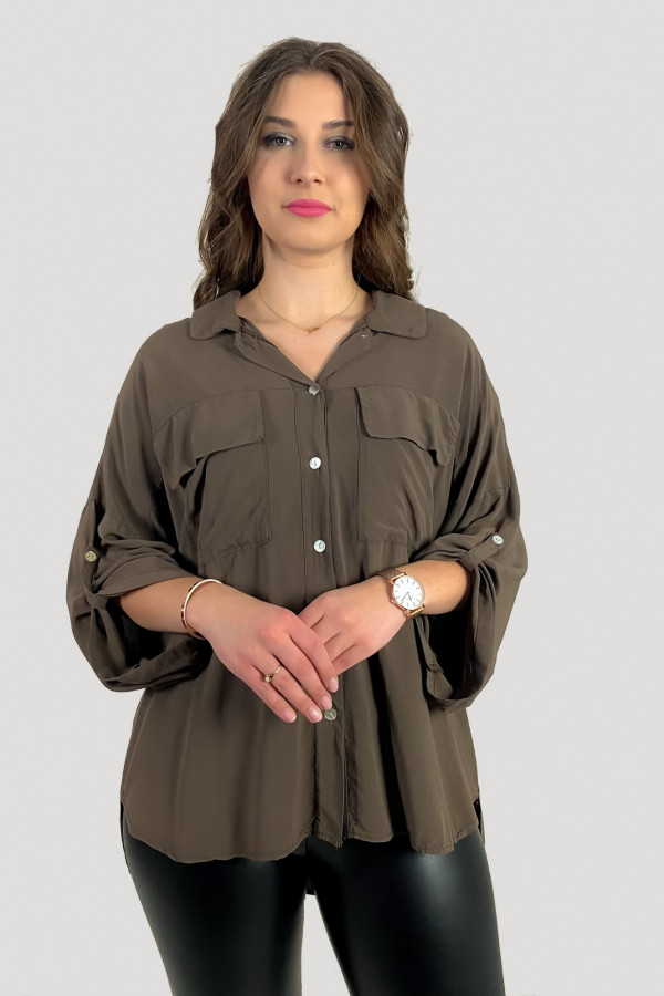 Koszula damska w kolorze brązowym dłuższy tył z podpinanym rękawem 3