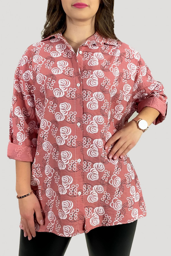 Duża koszula damska w kolorze indyjskiego różu z podpinanym rękawem liście