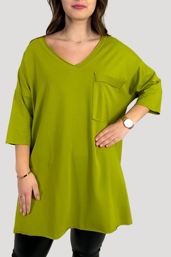 Tunika damska w kolorze limonkowym t-shirt oversize v-neck kieszeń Polina
