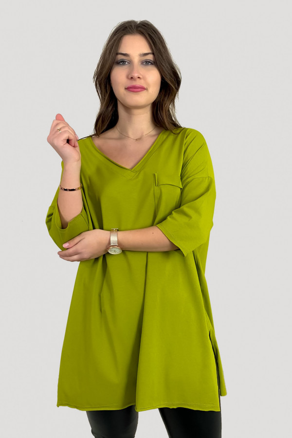 Tunika damska w kolorze limonkowym t-shirt oversize v-neck kieszeń Polina 1