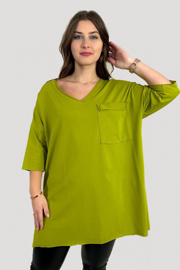 Tunika damska w kolorze limonkowym t-shirt oversize v-neck kieszeń Polina 2