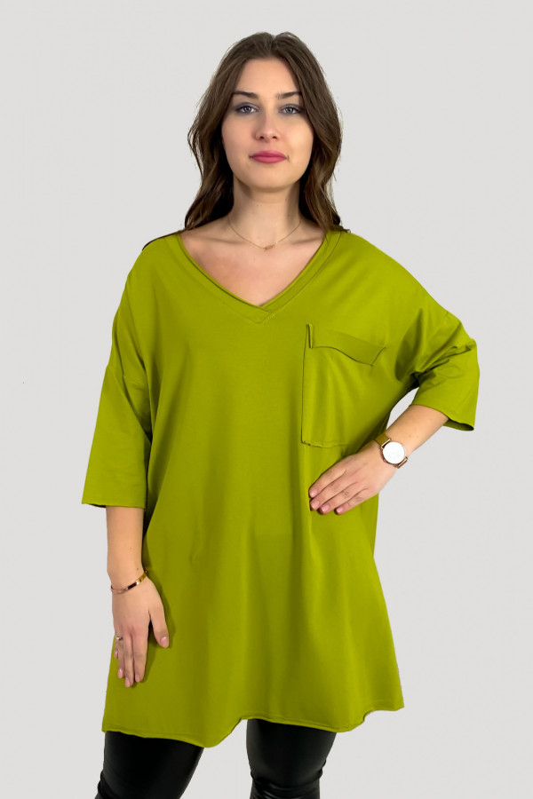 Tunika damska w kolorze limonkowym t-shirt oversize v-neck kieszeń Polina 3