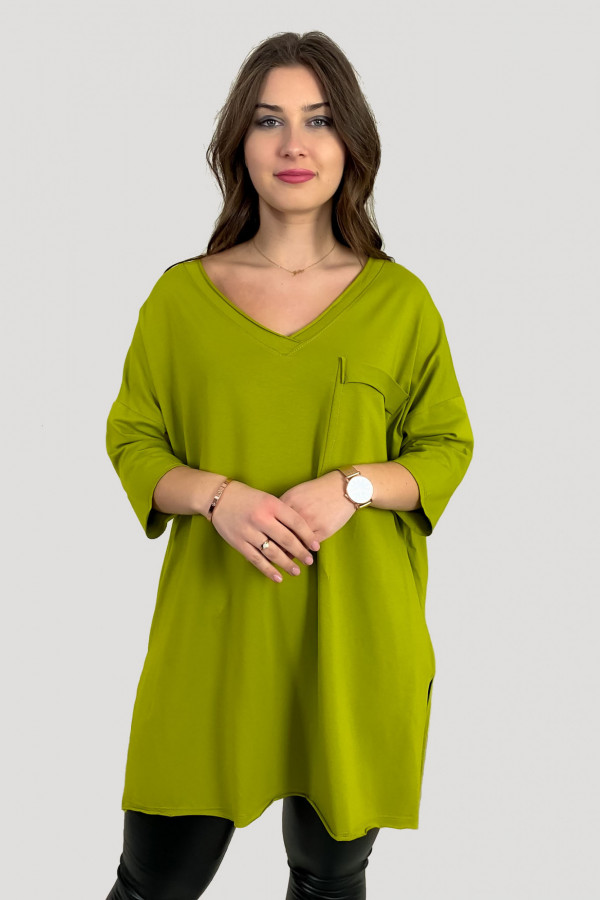 Tunika damska w kolorze limonkowym t-shirt oversize v-neck kieszeń Polina 4