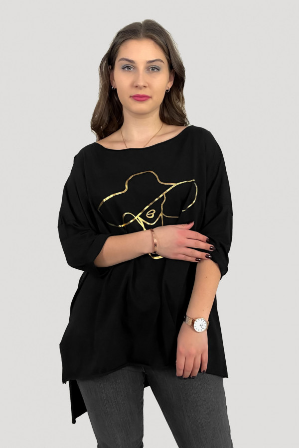 Duża bluzka tunika w kolorze czarnym oversize dłuższy tył złoty kapelusz 1