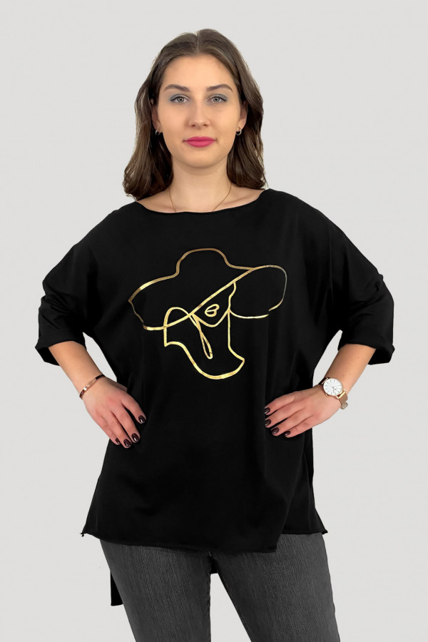Duża bluzka tunika w kolorze czarnym oversize dłuższy tył złoty kapelusz 3