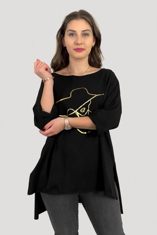Duża bluzka tunika w kolorze czarnym oversize dłuższy tył złoty kapelusz 4