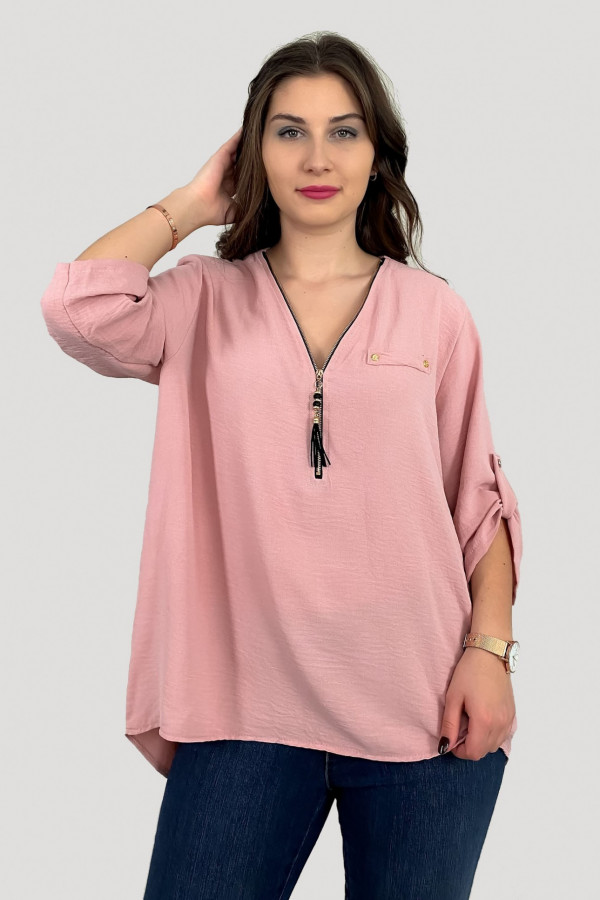 Elegancka bluzka koszula w kolorze pudrowym dekolt zamek ZIP secret 4