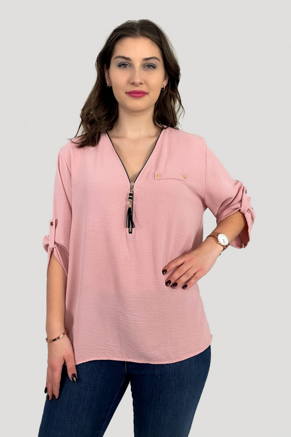 Elegancka bluzka koszula w kolorze pudrowym dekolt zamek ZIP secret 2