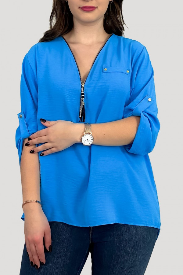 Elegancka bluzka koszula w kolorze niebieskim dekolt zamek ZIP secret