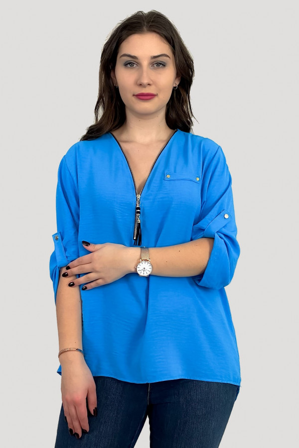 Elegancka bluzka koszula w kolorze niebieskim dekolt zamek ZIP secret 1