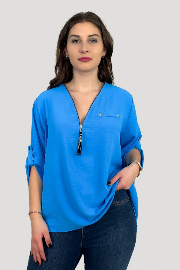 Elegancka bluzka koszula w kolorze niebieskim dekolt zamek ZIP secret 3