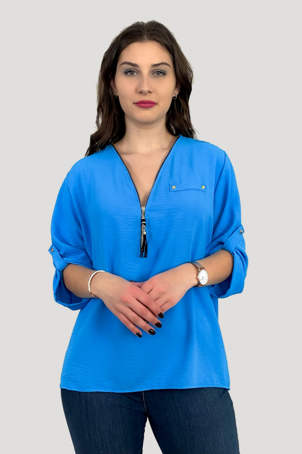 Elegancka bluzka koszula w kolorze niebieskim dekolt zamek ZIP secret 4