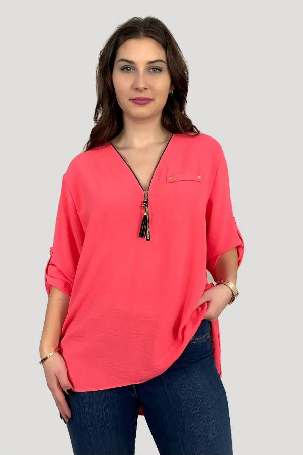 Elegancka bluzka koszula w kolorze koralowym dekolt zamek ZIP secret 2