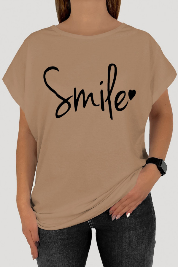 T-shirt plus size koszulka bluzka damska w kolorze latte napis smile