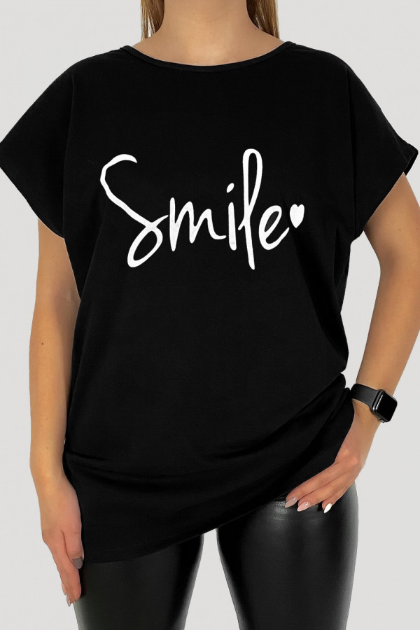 T-shirt plus size koszulka bluzka damska w kolorze czarnym napis smile