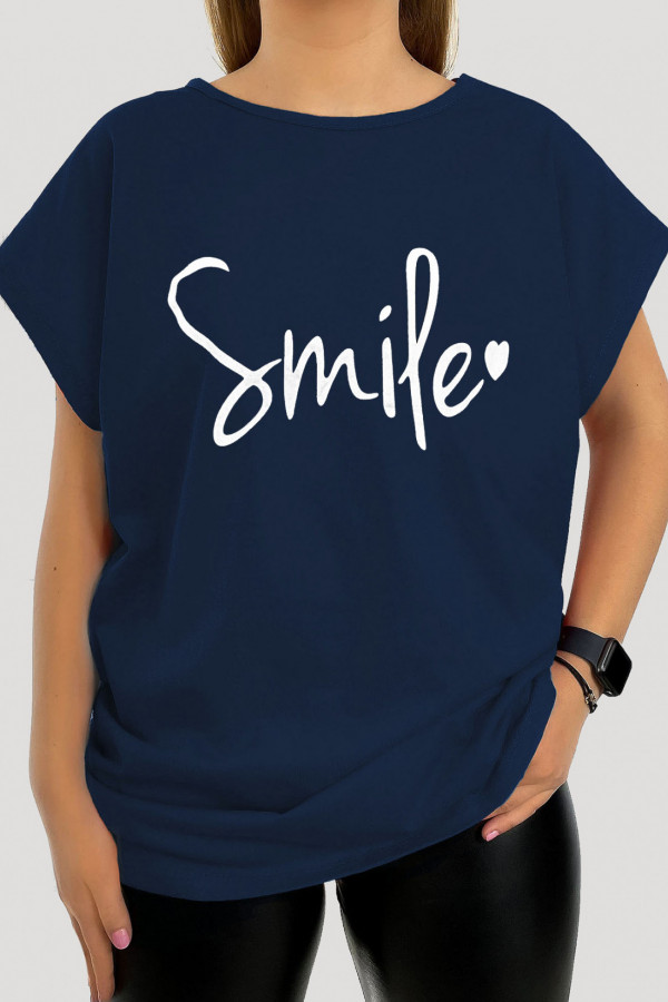 T-shirt plus size koszulka bluzka damska w kolorze granatowym napis smile
