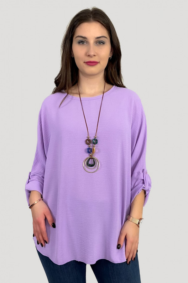 Duża koszula bluzka w kolorze lila fiolet oversize podpinany rękaw z naszyjnikiem Anne 1