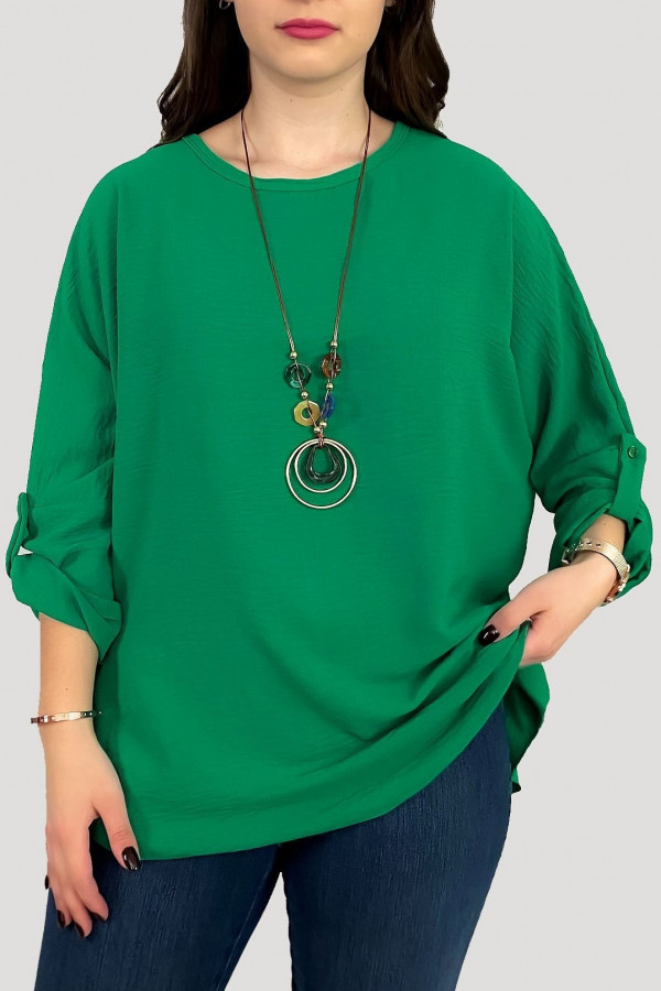 Duża koszula bluzka w kolorze zielonym oversize podpinany rękaw z naszyjnikiem Anne