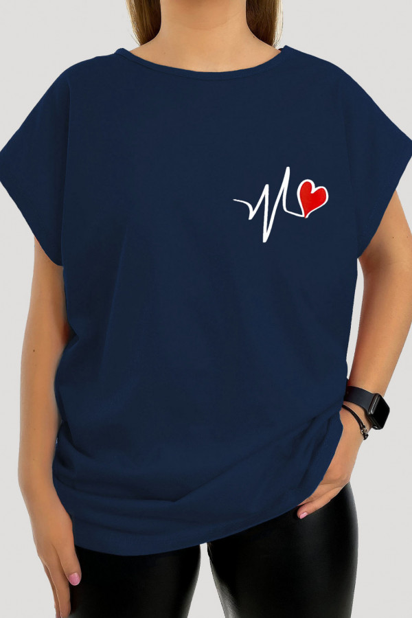 T-shirt plus size koszulka bluzka damska w kolorze granatowym print linia życia serce