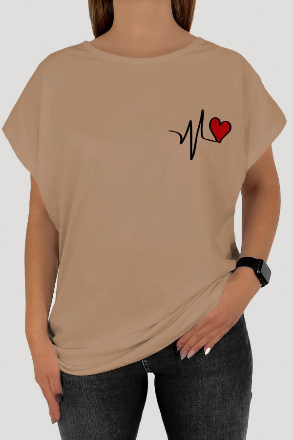 T-shirt plus size koszulka bluzka damska w kolorze latte print linia życia serce