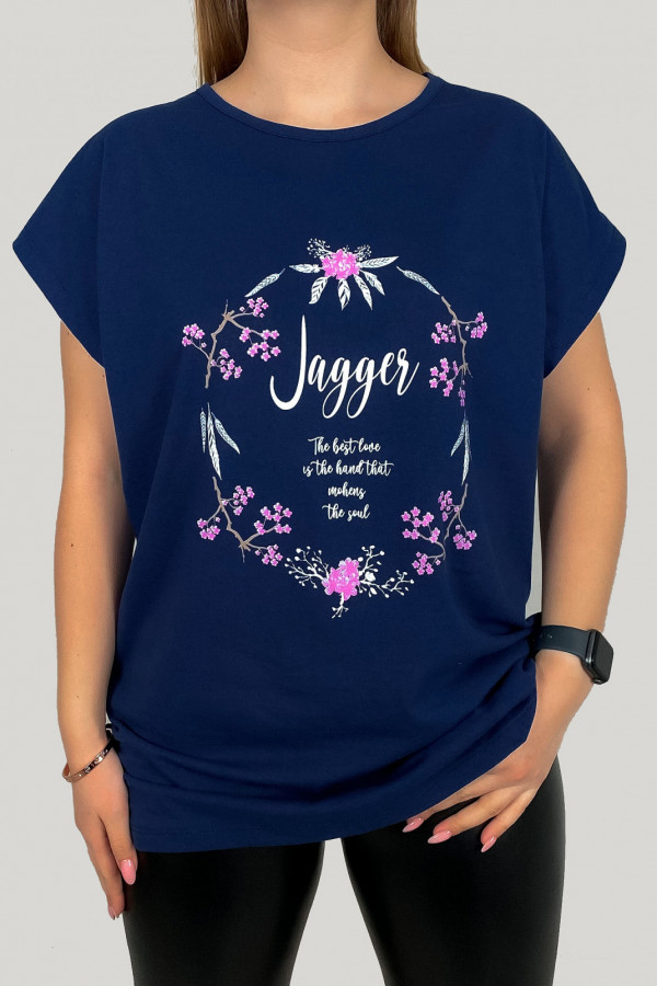 T-shirt plus size koszulka bluzka damska w kolorze granatowym print kwiaty