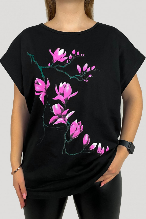 T-shirt plus size w kolorze czarnym koszulka bluzka damska kwiaty pink